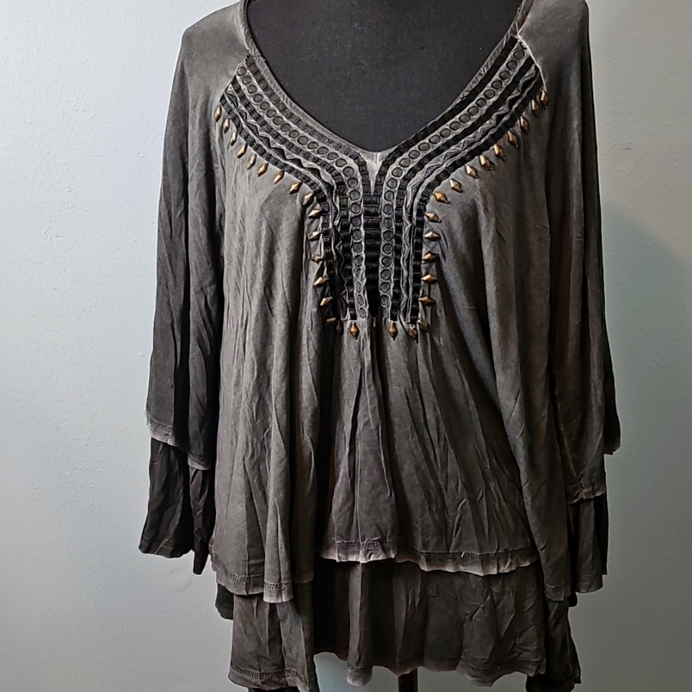 #6 NWT POL Embellished Layeres Top ~ Washed Black ~ Large ~ 21" P2P